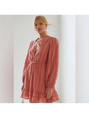 Forever That Girl Anthropologie Eyelet Long Sleeve Mini Dress in Coral